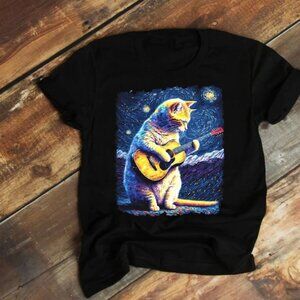 Cat Playing Guitar Van Gogh Style Art T-shirt, Cat Lovers Tees